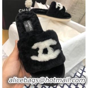 Top Design Chanel Wool CC Flat Slipper Mules Black 92221