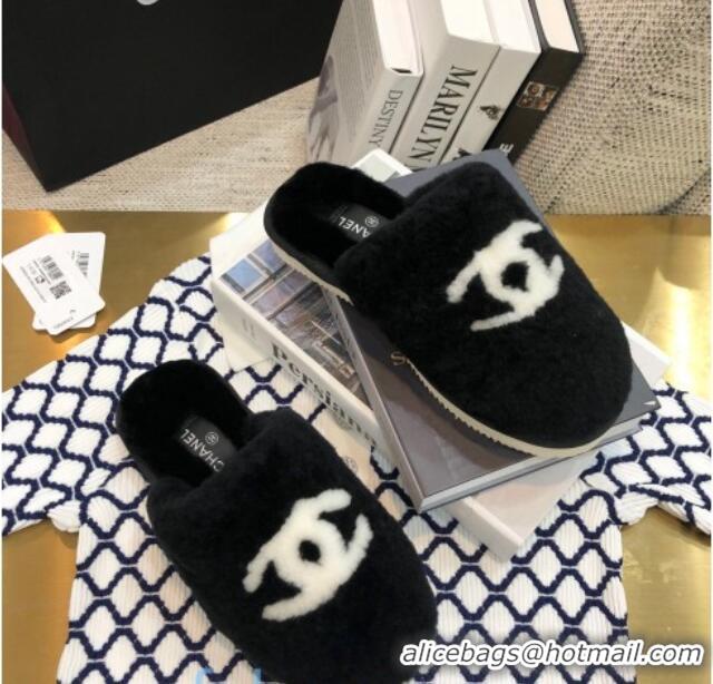 Top Design Chanel Wool CC Flat Slipper Mules Black 92221