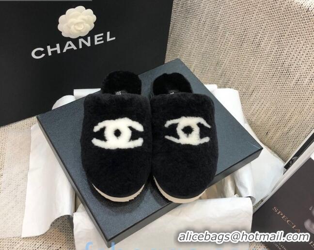 Top Design Chanel Wool CC Flat Slipper Mules Black 92221