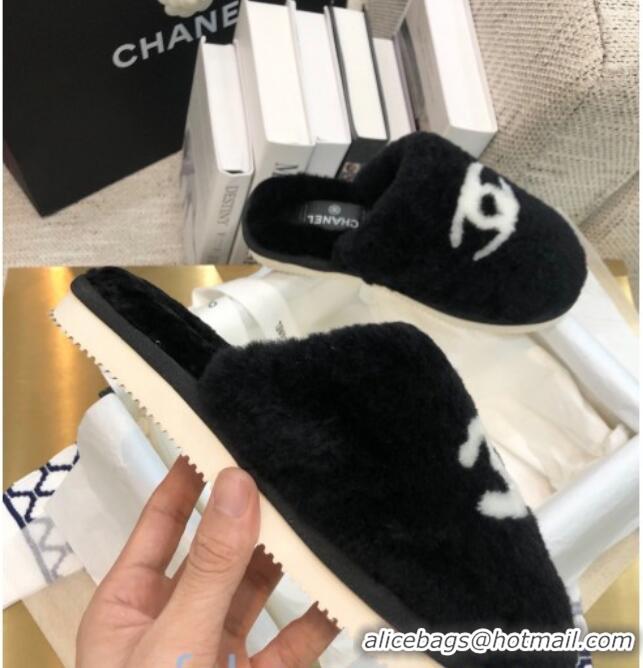 Top Design Chanel Wool CC Flat Slipper Mules Black 92221