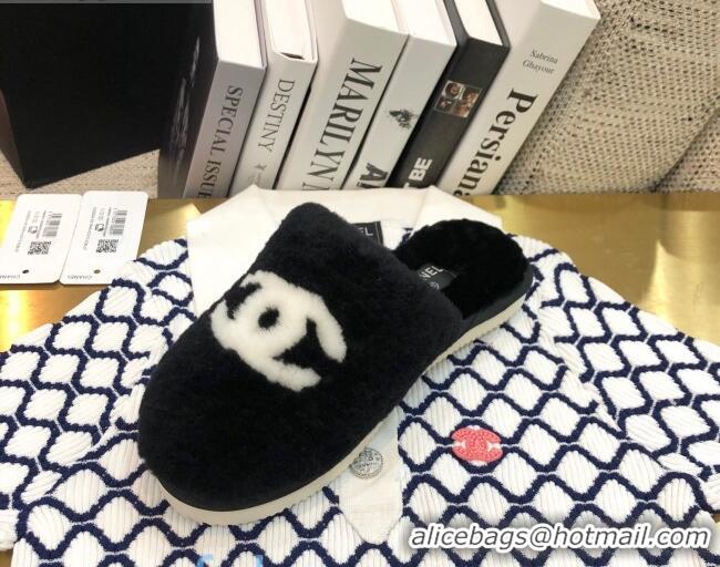 Top Design Chanel Wool CC Flat Slipper Mules Black 92221