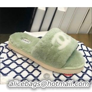 Good Quality Chanel Wool CC Flat Slipper Sandals Green 92216