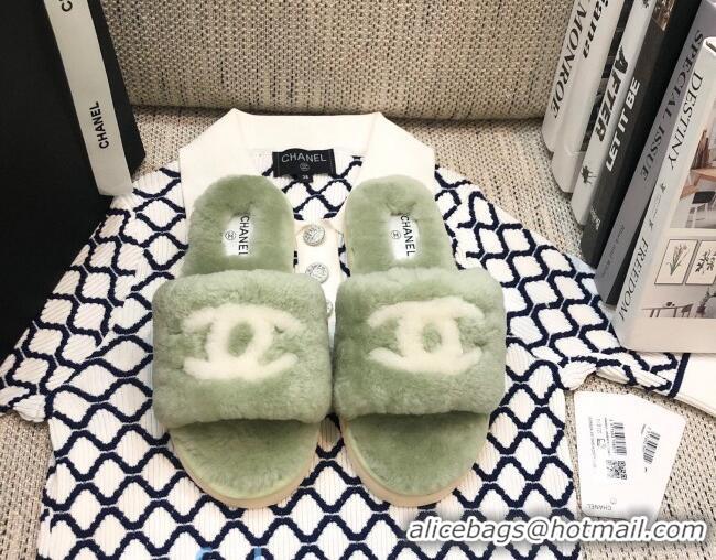 Good Quality Chanel Wool CC Flat Slipper Sandals Green 92216