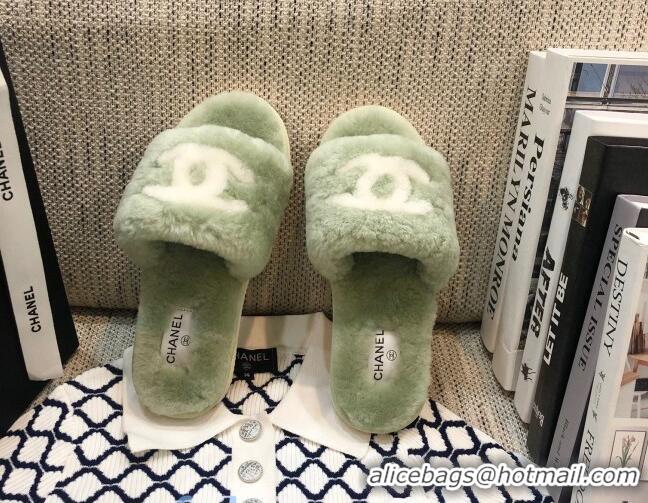 Good Quality Chanel Wool CC Flat Slipper Sandals Green 92216