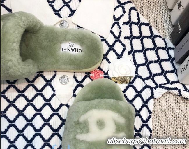 Good Quality Chanel Wool CC Flat Slipper Sandals Green 92216