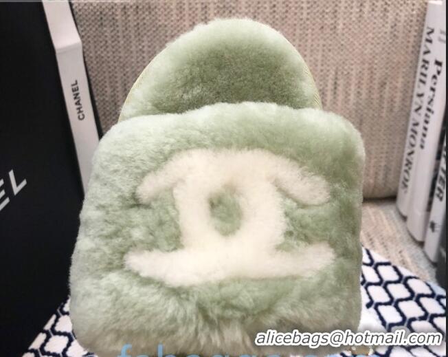 Good Quality Chanel Wool CC Flat Slipper Sandals Green 92216