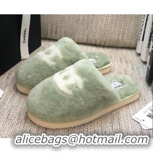 Discounts Chanel Wool CC Flat Slipper Mules Green 92223