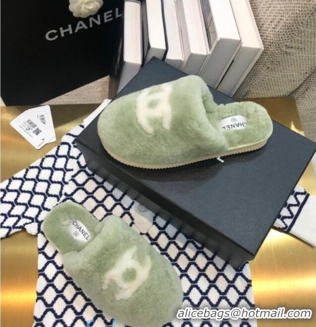 Discounts Chanel Wool CC Flat Slipper Mules Green 92223