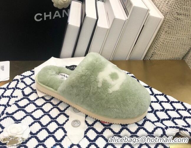 Discounts Chanel Wool CC Flat Slipper Mules Green 92223