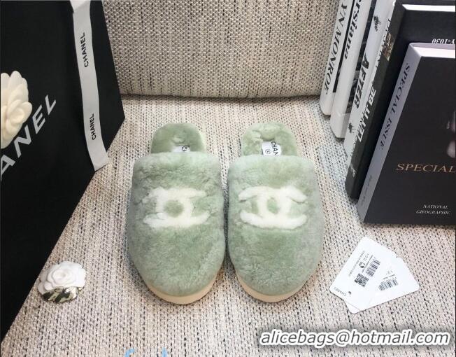 Discounts Chanel Wool CC Flat Slipper Mules Green 92223