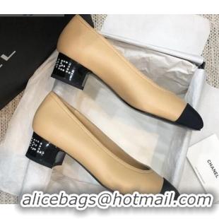 Luxury Classic  Chanel Calfskin Crystal Heel 35mm Pumps Beige 92227