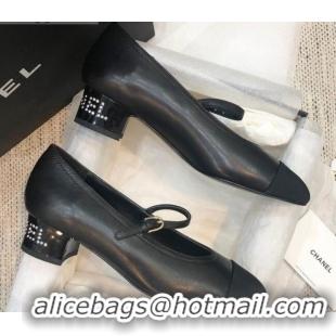 Best Price Chanel Calfskin Crystal Heel Mary Jane Pumps Black 92228