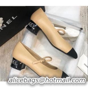 Sophisticated Chanel Calfskin Crystal Heel Mary Jane Pumps 92228 Beige