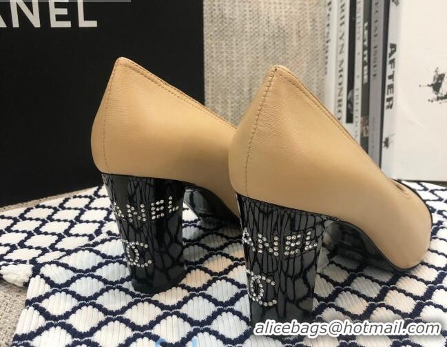 Good Quality Chanel Calfskin Crystal Heel 85mm Pumps 92230 Beige