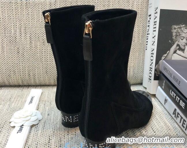 Elegant Chanel Suede Crystal Heel 35mm Short Boots 92233 Black