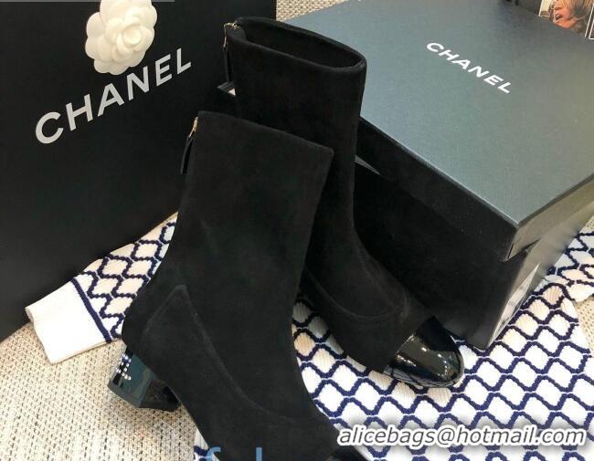 Elegant Chanel Suede Crystal Heel 35mm Short Boots 92233 Black