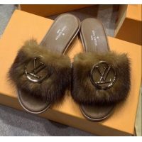 Feminine Louis Vuitton LV Mink Fur Flat Slide Sandals 72708 Brown 2020