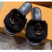 Fashion Louis Vuitton LV Mink Fur Flat Slide Sandals 72708 Black 2020