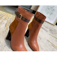 Most Popular Louis Vuitton Calfskin High Heel Ankle Boots with Monogram Canvas Belt 81734 Brown 2020