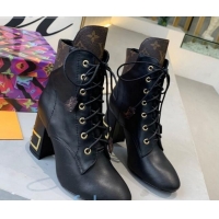 Discount Louis Vuitton Bliss Lace-up Ankle Boots with LV Band Heel Black/Monogram Canvas 83129