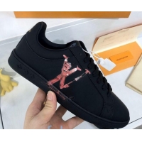 Duplicate Louis Vuitton Luxembourg Printed LV Sneakers in Silky Calfskin Black/Pink 83136