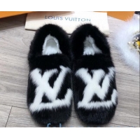 Unique Style Louis Vuitton LV Mink Fur and Wool Homey Flats Loafers 80923 Black/White 2020