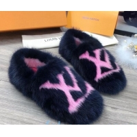 Good Product Louis Vuitton LV Mink Fur and Wool Homey Flats Loafers 80923 Blue/Pink 2020