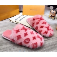 Best Grade Louis Vuitton Monogram Mink Fur and Wool Homey Flats Mules Pink/Red 20931