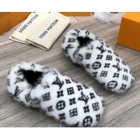 Luxury Cheap Louis Vuitton Monogram Mink Fur and Wool Homey Flats Loafers 20938 White/Black 2020