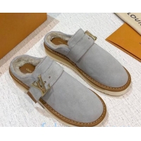 Good Looking  Louis Vuitton LV Cosy Suede Mules 20940 Grey