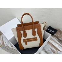 Good Quality CELINE MICRO LUGGAGE HANDBAG IN TEXTILE AND CALFSKIN 167793 TAN&WHITE