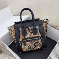 Good Product CELINE MICRO LUGGAGE BAG IN FLORAL JACQUARD AND CALFSKIN 167793 BLACK