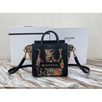 Promotional CELINE NANO LUGGAGE BAG IN FLORAL JACQUARD AND CALFSKIN 189242 BLACK