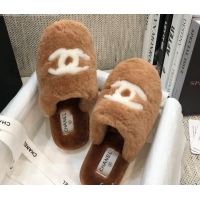 Hot Style Chanel Wool CC Flat Slipper Mules Brown 92219