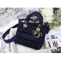 Pretty Style DIOR MEDIUM LADY D-LITE BAG Blue Cannage Embroidered Velvet M0565