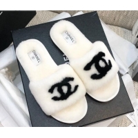 Lower Price Chanel Wool CC Flat Slipper Sandals White 92213