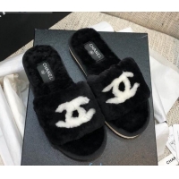 Charming Chanel Wool CC Flat Slipper Sandals Black 92214