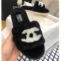 Top Design Chanel Wool CC Flat Slipper Mules Black 92221