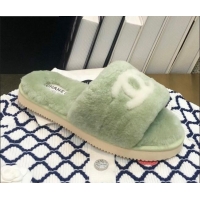 Good Quality Chanel Wool CC Flat Slipper Sandals Green 92216