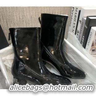 Stylish Chanel Patent Leather Crystal Heel 35mm Short Boots 92234 Black