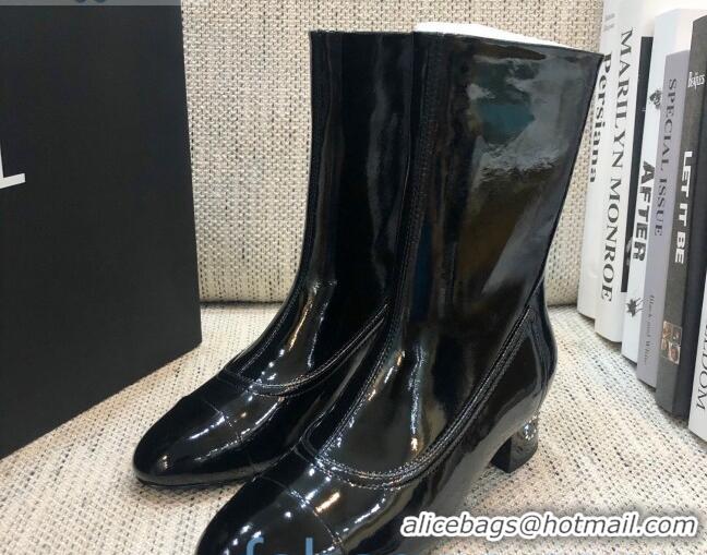 Stylish Chanel Patent Leather Crystal Heel 35mm Short Boots 92234 Black