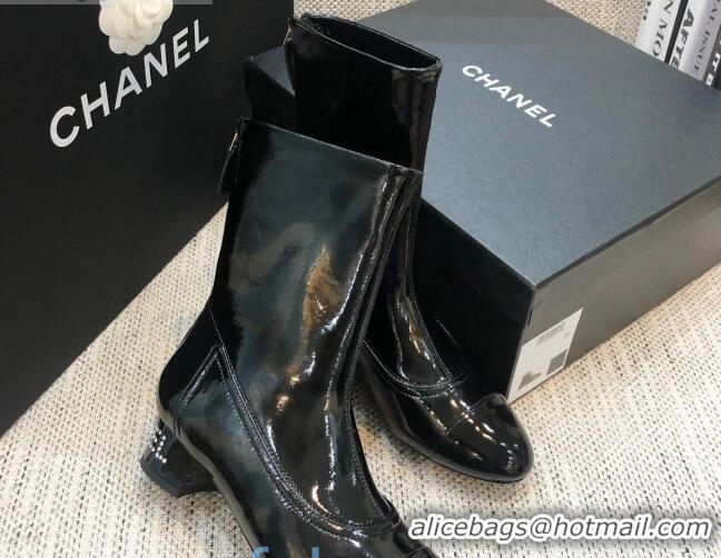 Stylish Chanel Patent Leather Crystal Heel 35mm Short Boots 92234 Black