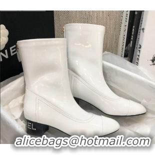 Luxury Hot Chanel Patent Leather Crystal Heel 35mm Short Boots 92234 White