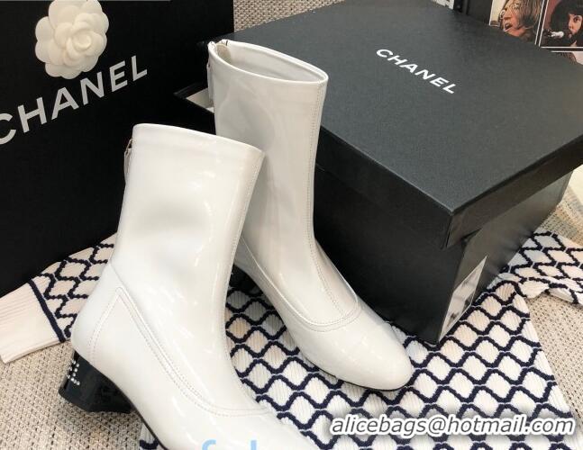 Luxury Hot Chanel Patent Leather Crystal Heel 35mm Short Boots 92234 White