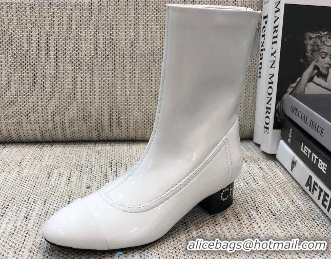 Luxury Hot Chanel Patent Leather Crystal Heel 35mm Short Boots 92234 White