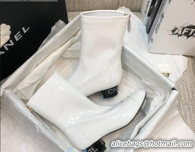 Luxury Hot Chanel Patent Leather Crystal Heel 35mm Short Boots 92234 White