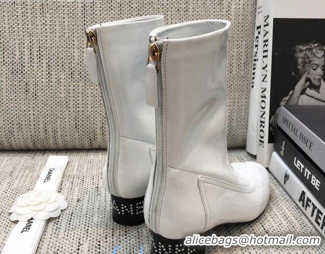 Luxury Hot Chanel Patent Leather Crystal Heel 35mm Short Boots 92234 White