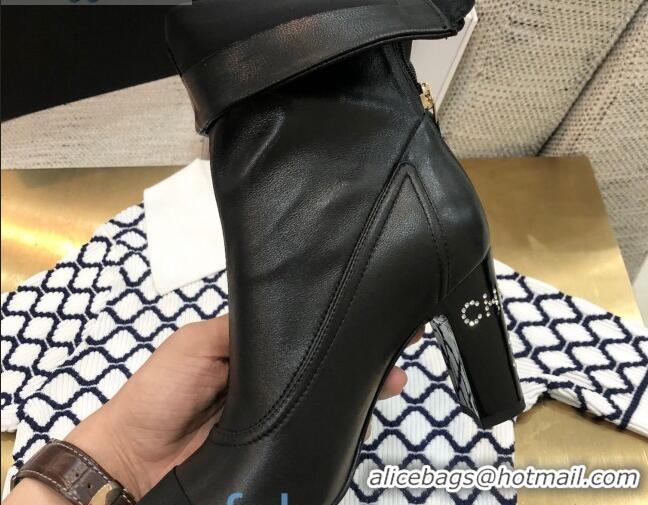 Luxury Chanel Calfskin Crystal Heel 85mm Short Boots Black 92236