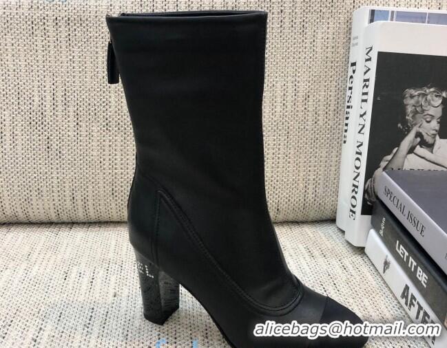 Luxury Chanel Calfskin Crystal Heel 85mm Short Boots Black 92236