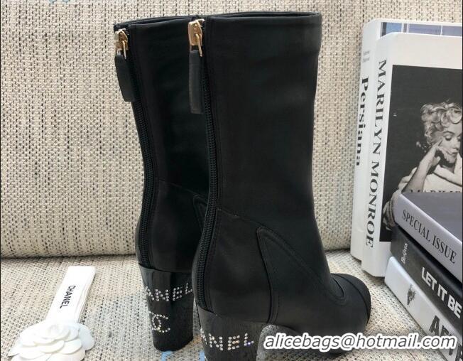 Luxury Chanel Calfskin Crystal Heel 85mm Short Boots Black 92236